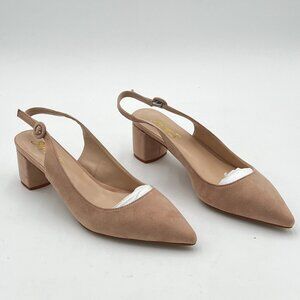 Nude Suede Women POinted Toe Slip on Pumps Block Low Heel Slingbacks Shoes
